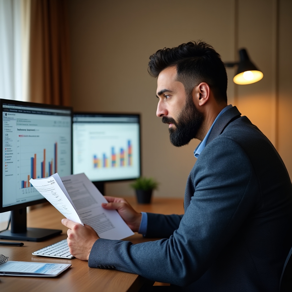 Person analysiert Gehaltsdaten auf einem Bildschirm
